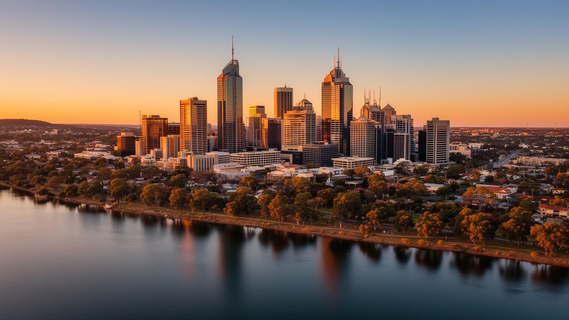 Perth city skyline at sunset over the Swan River